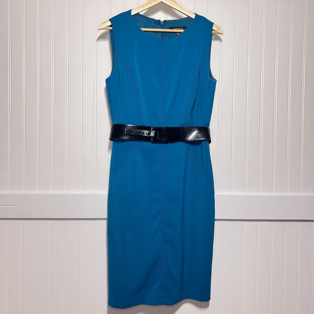 Chetta B Sunhee Dress Blue Chic Sleeveless Belted Workwear Formal Business Zip